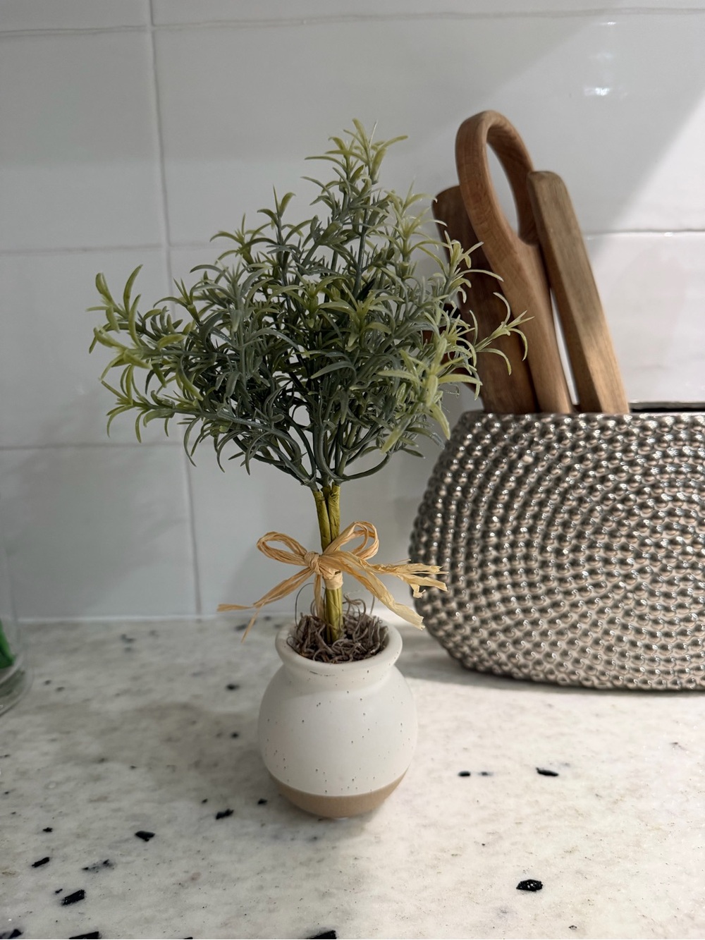 Mini Faux Rosemary Topiary in White Ceramic Pot